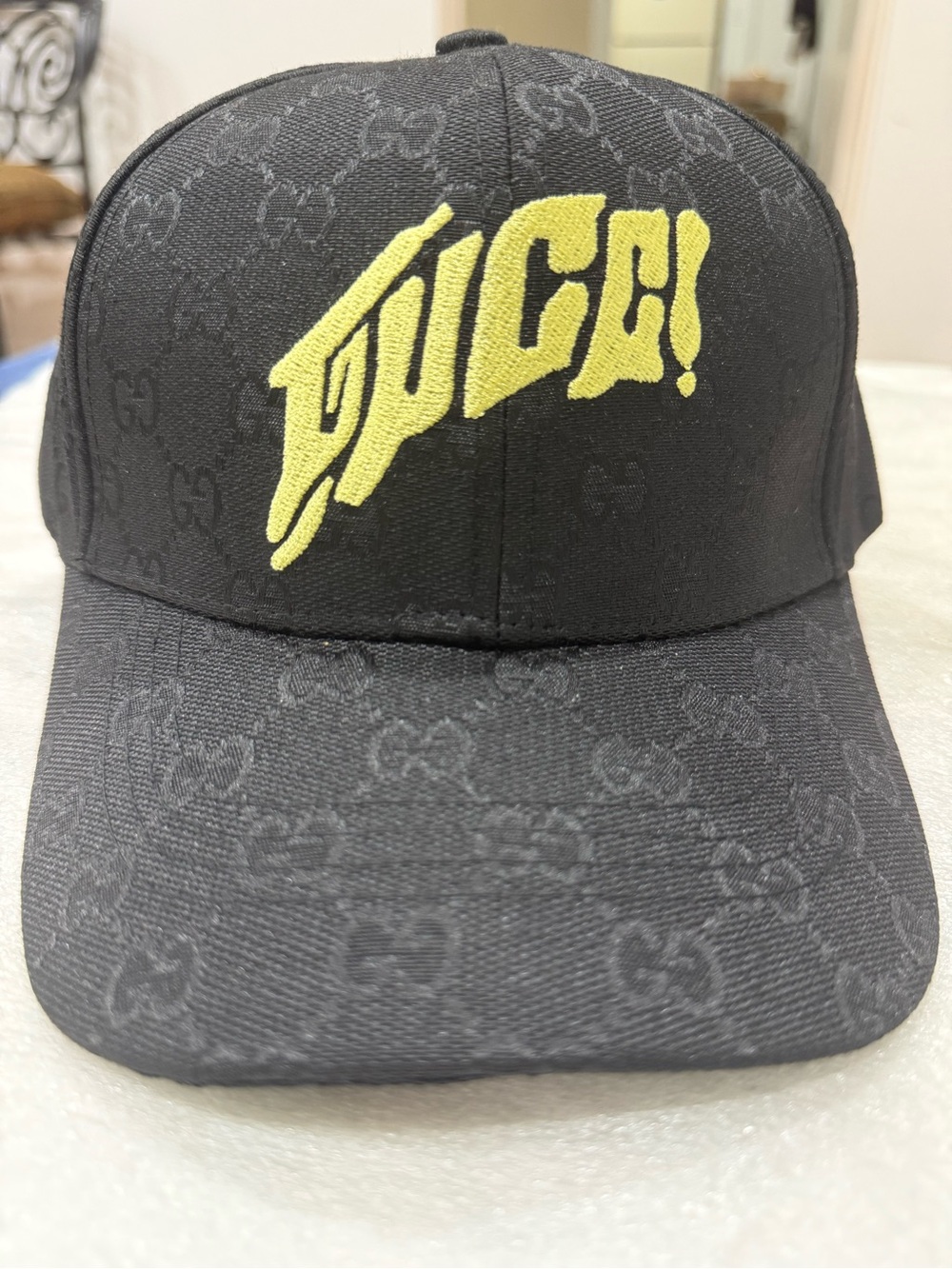 Gucci Black GG Monogram Cap with Yellow Script Logo